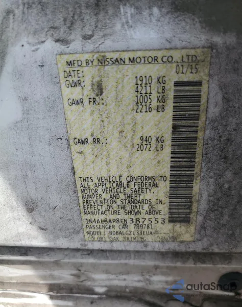 2015 Nissan Altima 2.5 z USA, uszkodzony, nr VIN 1N4AL3AP8FN387553